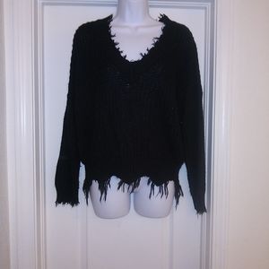 Pink Lily Black Distressed V Neck Sweater